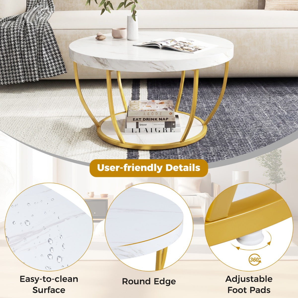 Livsk costway ronde salontafel houten salontafel met 2 niveaus metalen frame woonkamertafel kafeetafel wit 4