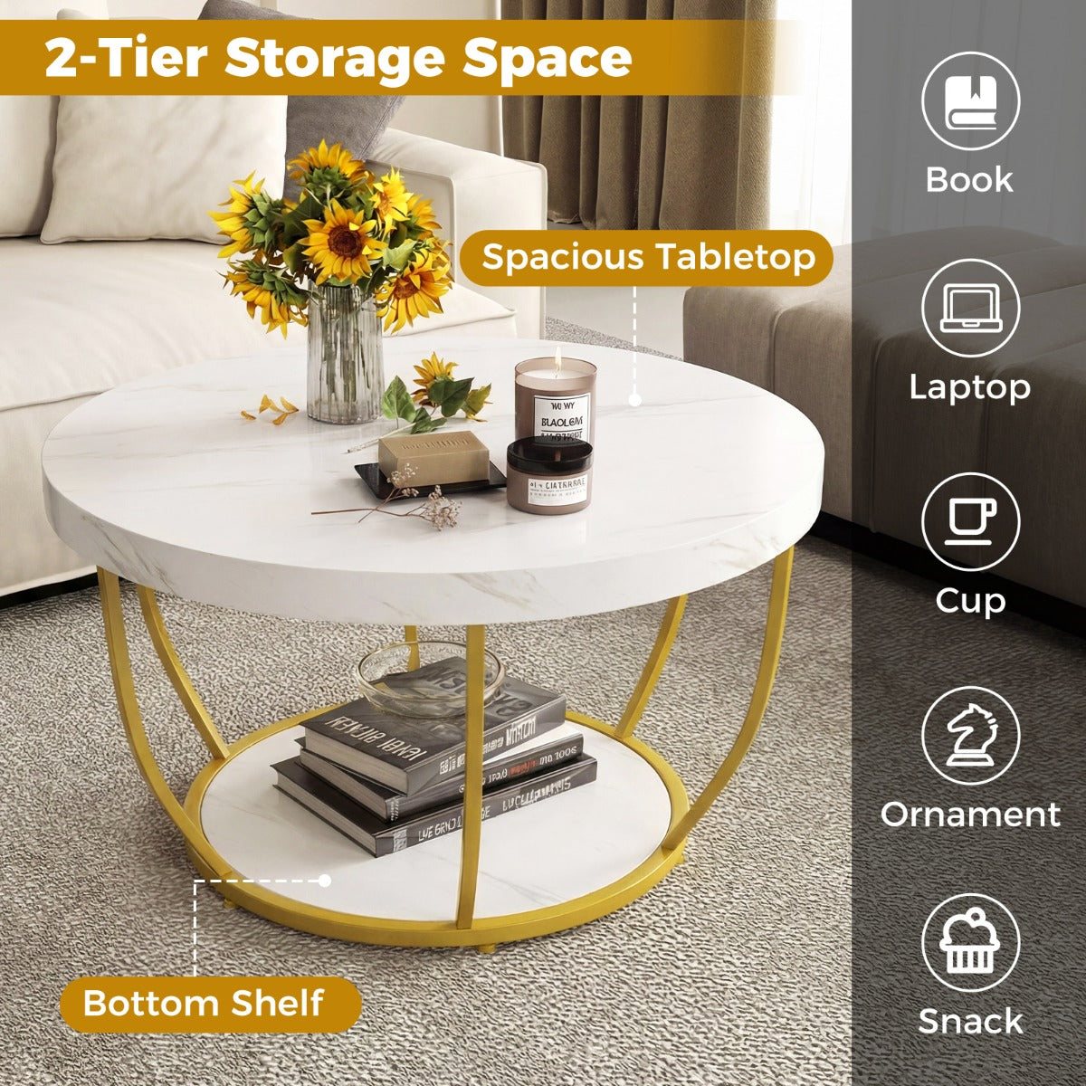 Livsk costway ronde salontafel houten salontafel met 2 niveaus metalen frame woonkamertafel kafeetafel wit 5