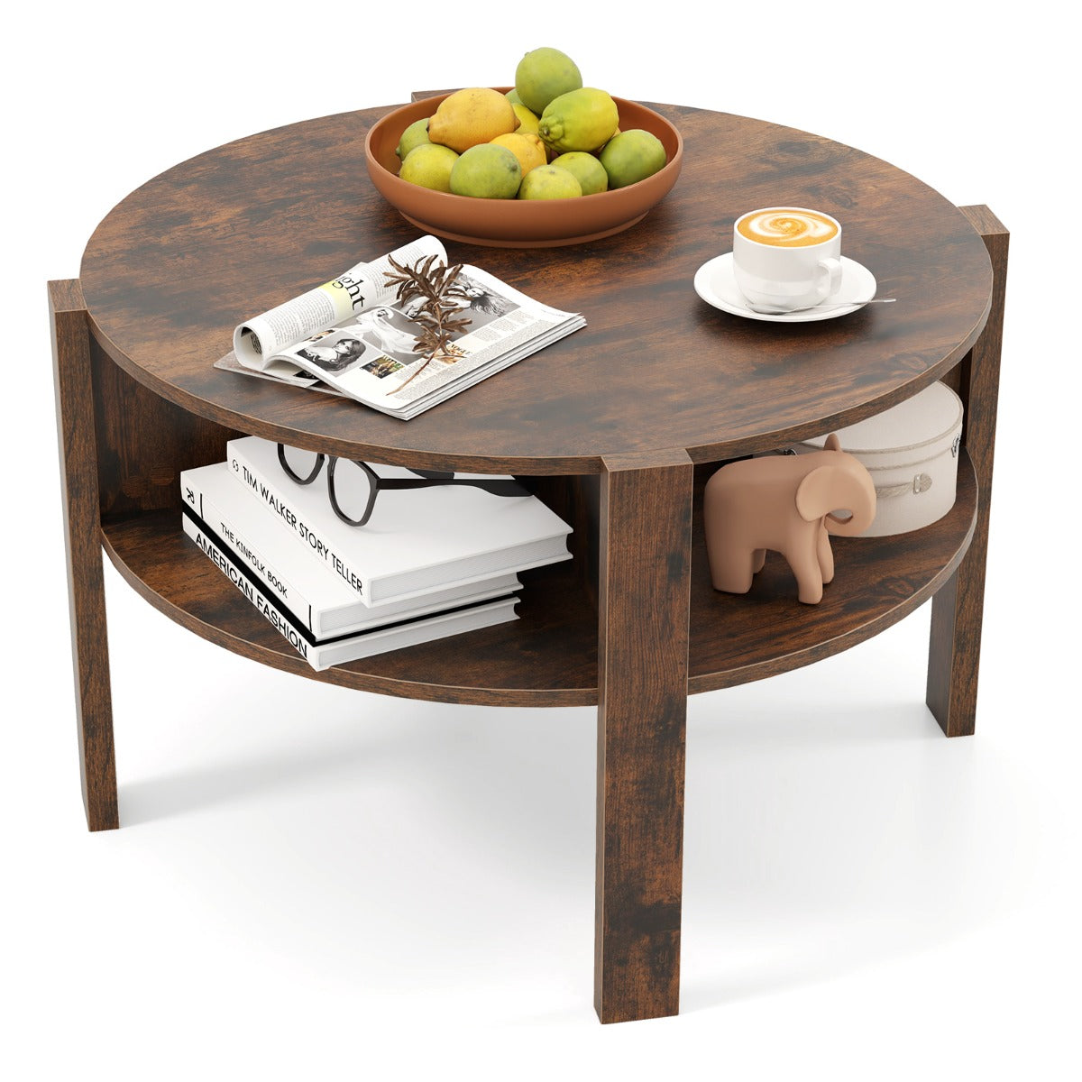 LIVSK Ronde Salontafel met 2 Niveaus - Klassieke Houtnerfafwerking - Stabiele Constructie - Voor Woonkamer - Bruin