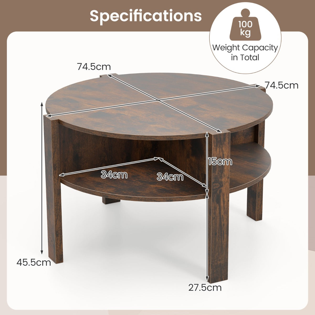 LIVSK Ronde Salontafel met 2 Niveaus - Klassieke Houtnerfafwerking - Stabiele Constructie - Voor Woonkamer - Bruin