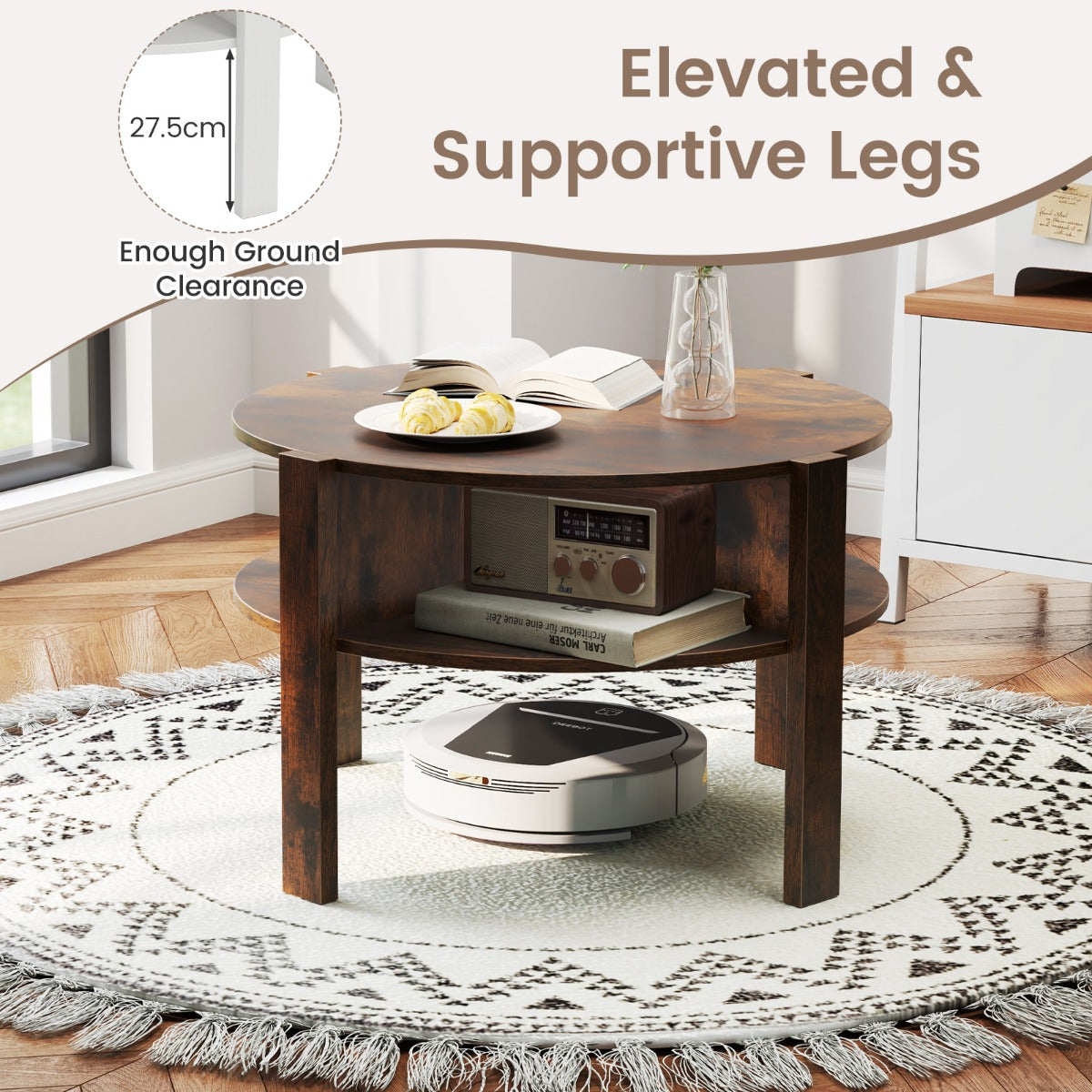 LIVSK Ronde Salontafel met 2 Niveaus - Klassieke Houtnerfafwerking - Stabiele Constructie - Voor Woonkamer - Bruin