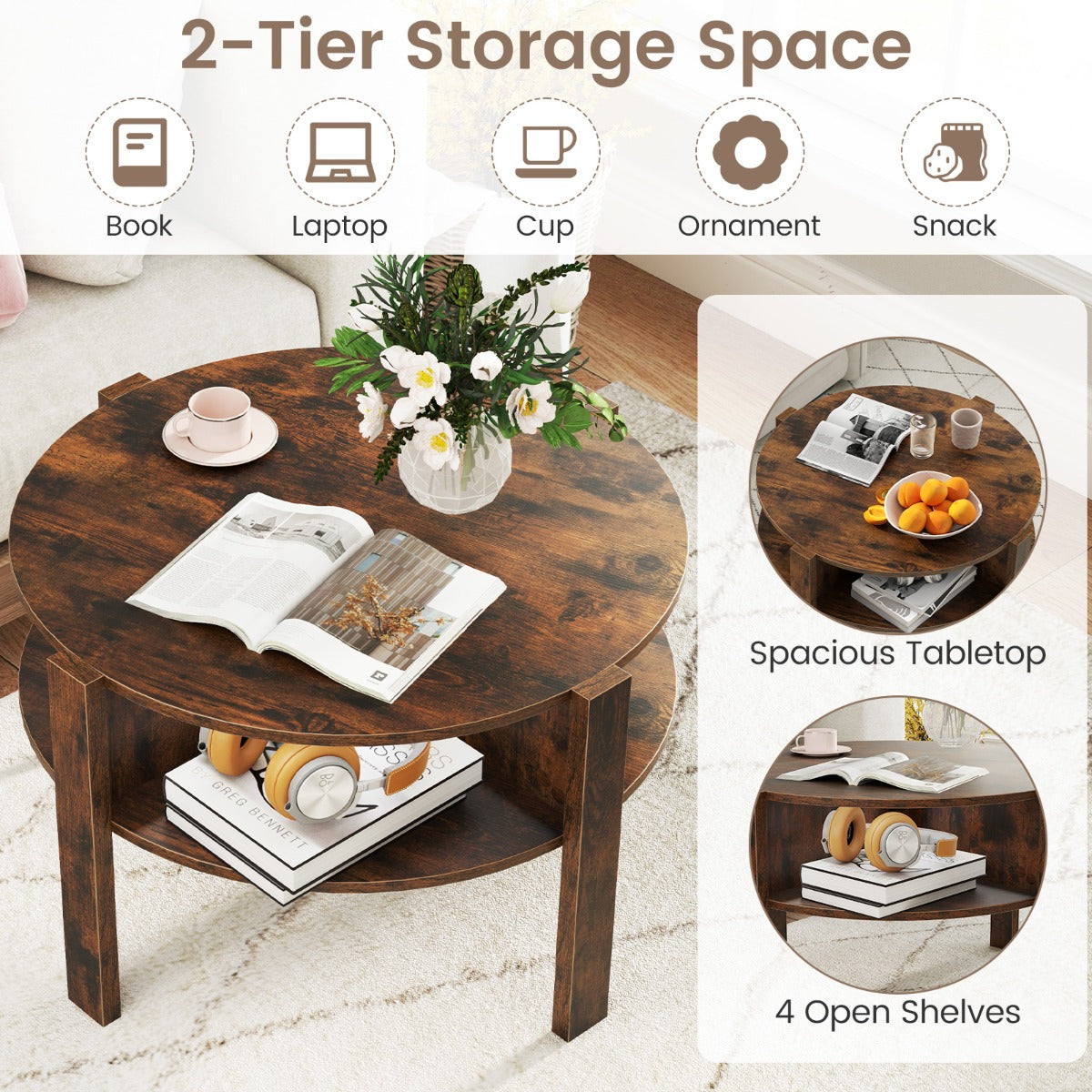 LIVSK Ronde Salontafel met 2 Niveaus - Klassieke Houtnerfafwerking - Stabiele Constructie - Voor Woonkamer - Bruin