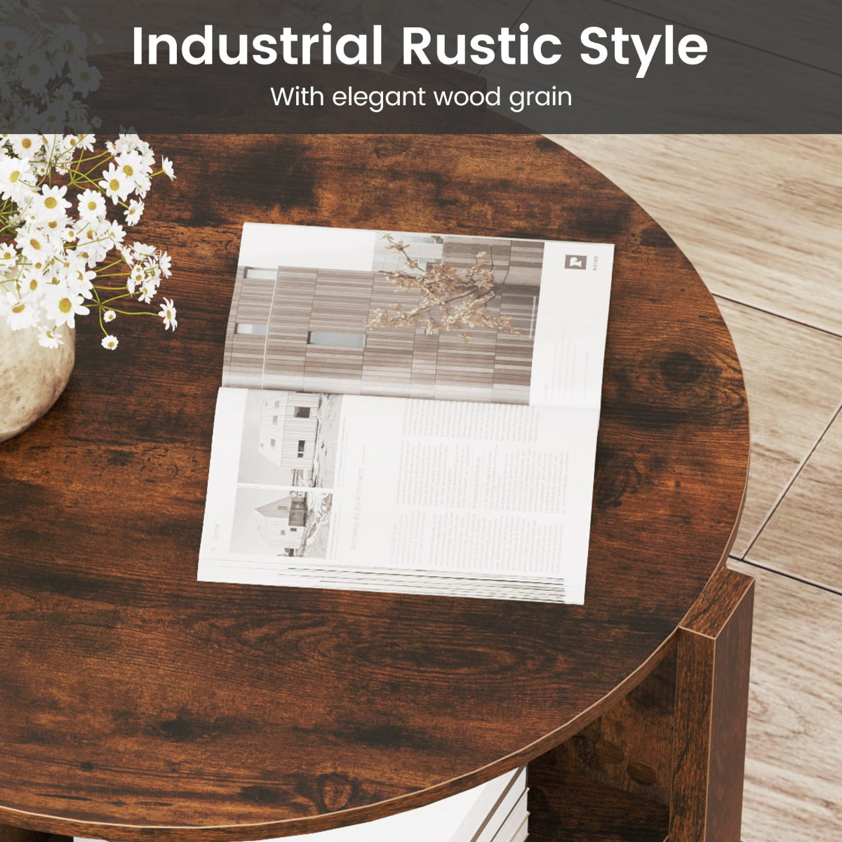 LIVSK Ronde Salontafel met 2 Niveaus - Klassieke Houtnerfafwerking - Stabiele Constructie - Voor Woonkamer - Bruin