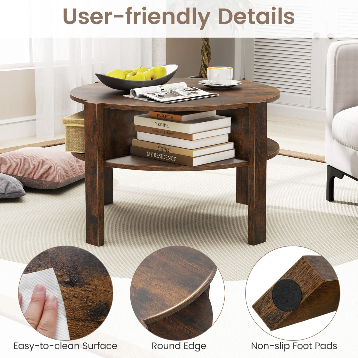 LIVSK Ronde Salontafel met 2 Niveaus - Klassieke Houtnerfafwerking - Stabiele Constructie - Voor Woonkamer - Bruin