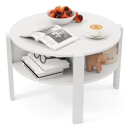 LIVSK Ronde Salontafel met Opbergruimte - 2 Niveaus - Tijdloze Houtnerf - Stabiele Structuur - Voor Woonkamer en Kantoor - Wit
