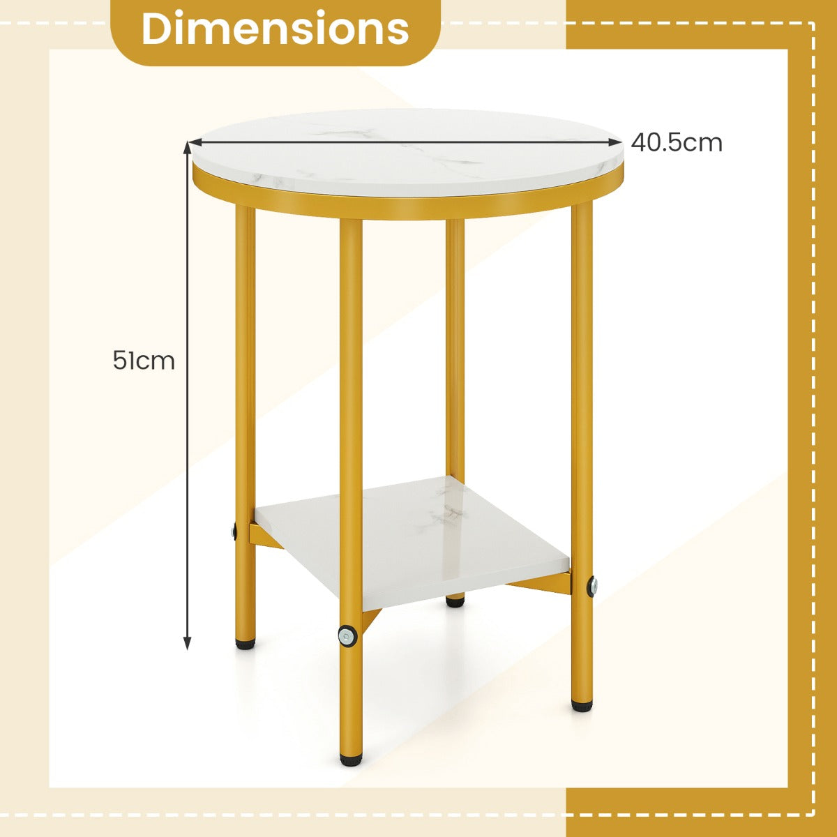 Livsk costway ronde salontafel met verschillende niveaus 405 cm bijzettafel met witte marmerlook opbergruimte wit goud 2