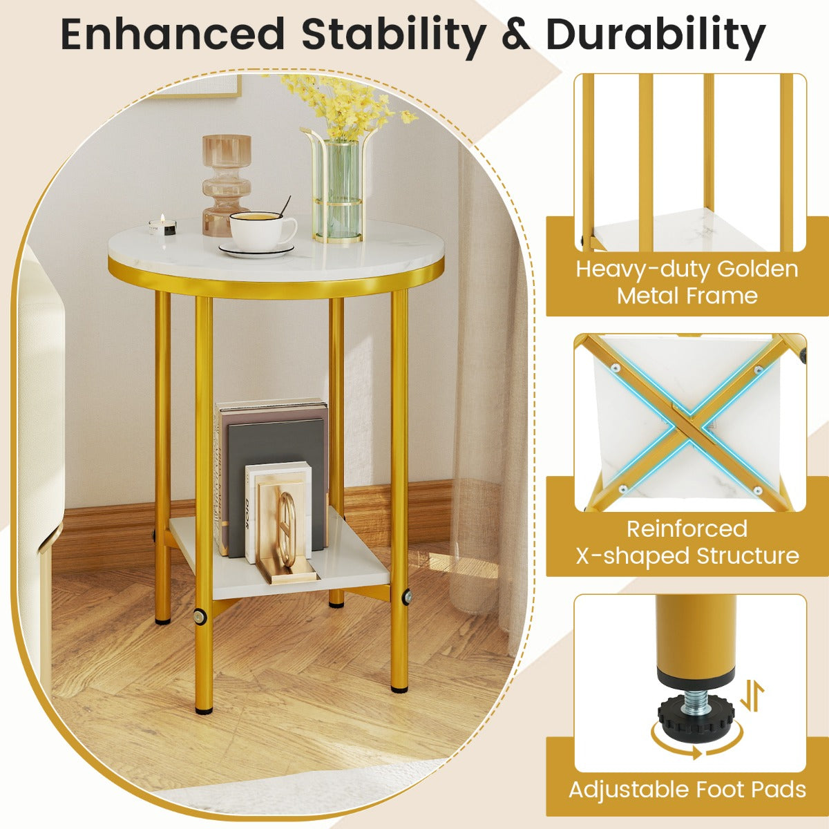 Livsk costway ronde salontafel met verschillende niveaus 405 cm bijzettafel met witte marmerlook opbergruimte wit goud 3