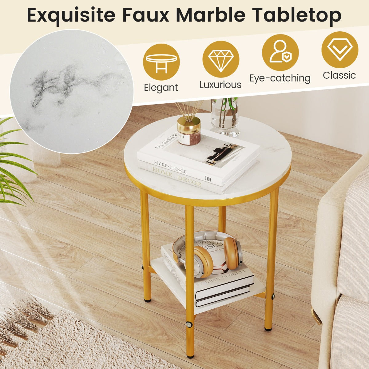 Livsk costway ronde salontafel met verschillende niveaus 405 cm bijzettafel met witte marmerlook opbergruimte wit goud 4
