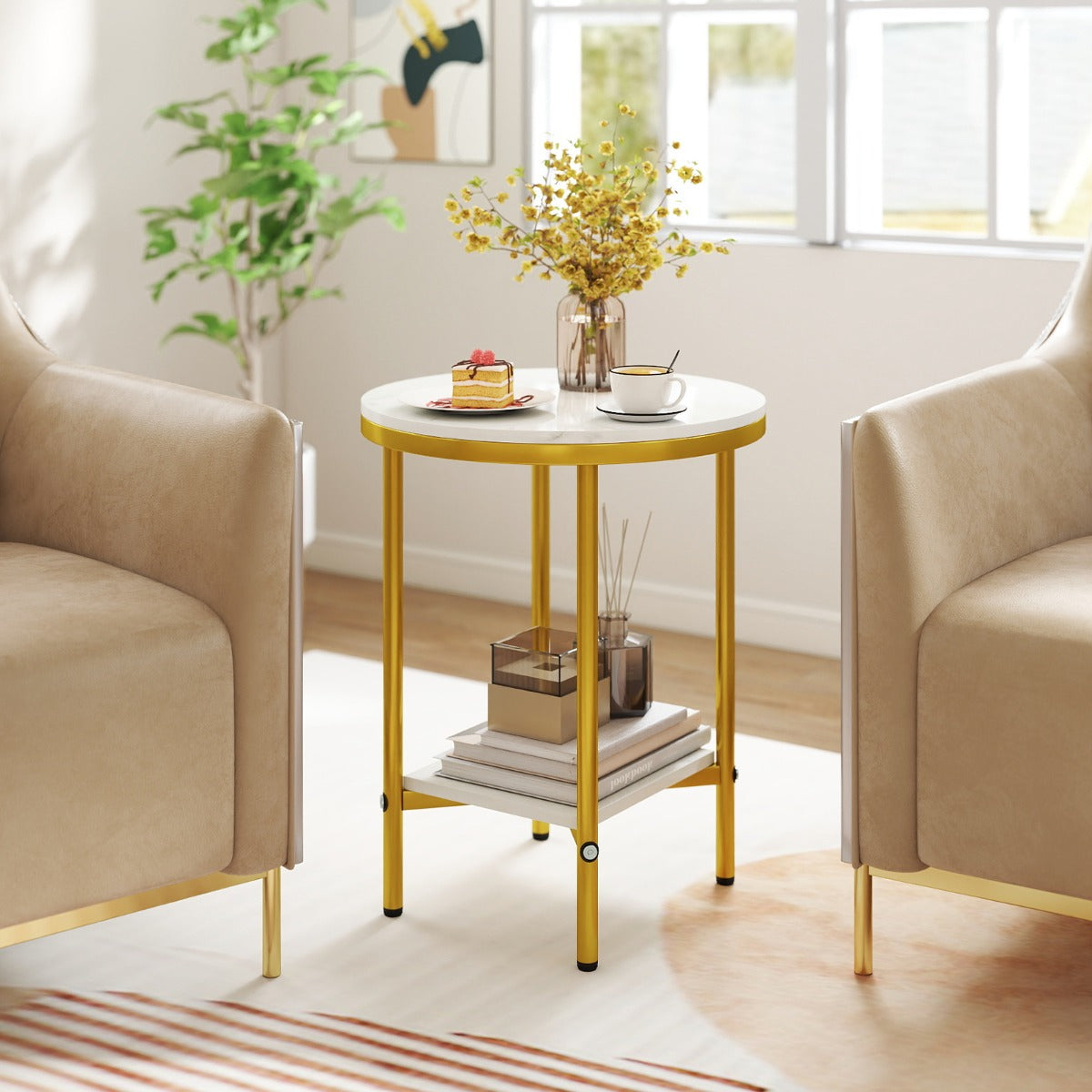Livsk costway ronde salontafel met verschillende niveaus 405 cm bijzettafel met witte marmerlook opbergruimte wit goud 6