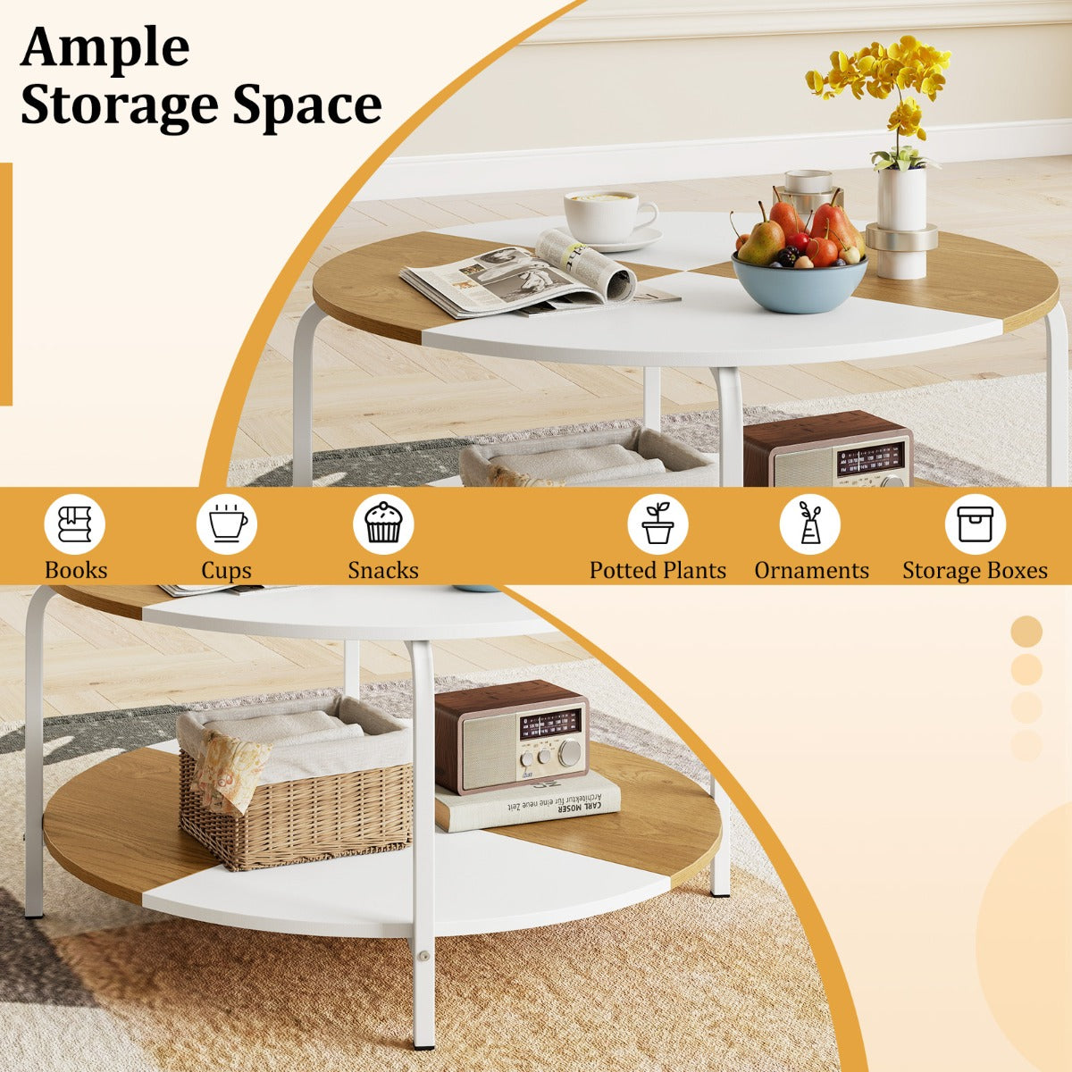 Livsk costway ronde salontafel salontafel met 2 niveaus en opbergplank theetafel bijzettafel van hout met metalen frame