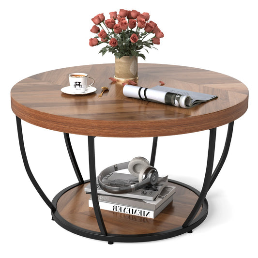 LIVSK Ronde Salontafel met 2 Niveaus - Houtnerfafwerking - Stevig Metalen Frame - Verstelbare Glijders - 80 x 80 x 45 cm -