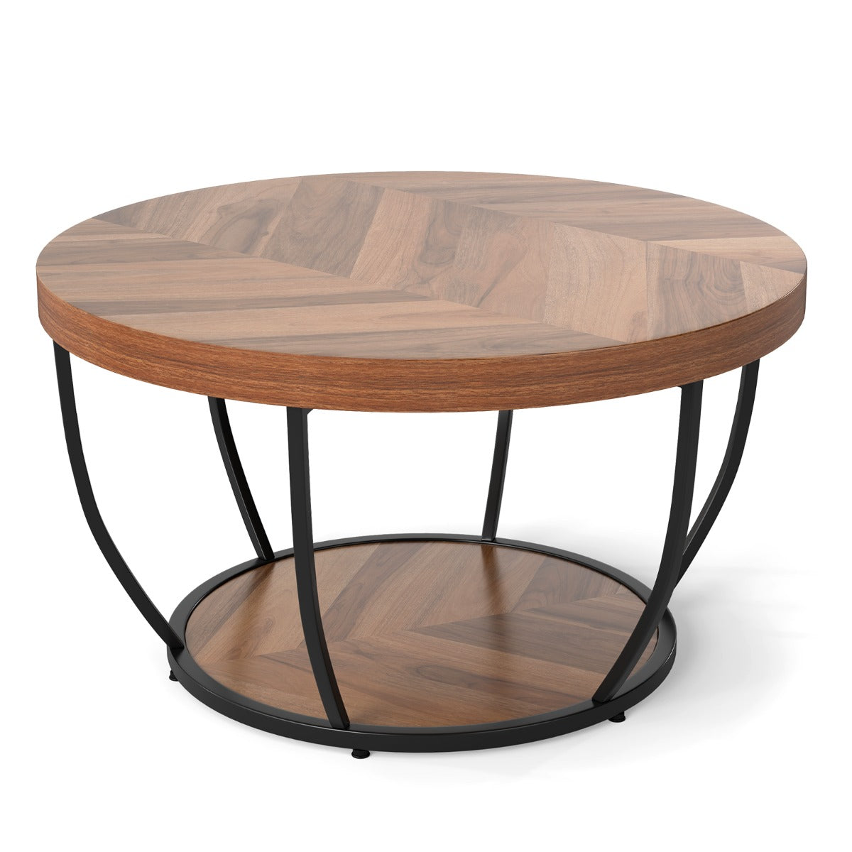 LIVSK Ronde Salontafel met 2 Niveaus - Houtnerfafwerking - Stevig Metalen Frame - Verstelbare Glijders - 80 x 80 x 45 cm -