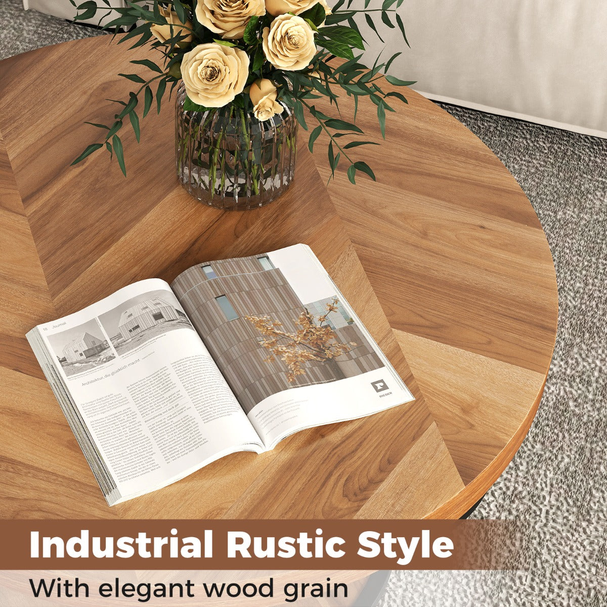 LIVSK Ronde Salontafel met 2 Niveaus - Houtnerfafwerking - Stevig Metalen Frame - Verstelbare Glijders - 80 x 80 x 45 cm -
