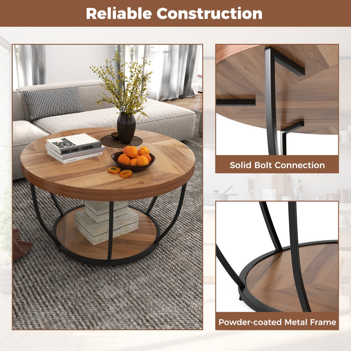 LIVSK Ronde Salontafel met 2 Niveaus - Houtnerfafwerking - Stevig Metalen Frame - Verstelbare Glijders - 80 x 80 x 45 cm -
