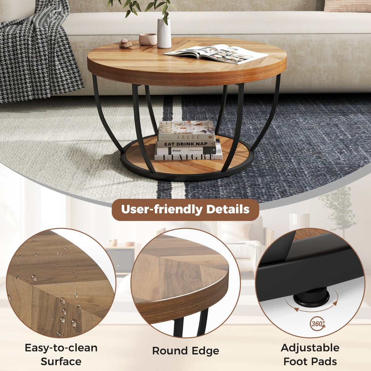 LIVSK Ronde Salontafel met 2 Niveaus - Houtnerfafwerking - Stevig Metalen Frame - Verstelbare Glijders - 80 x 80 x 45 cm -