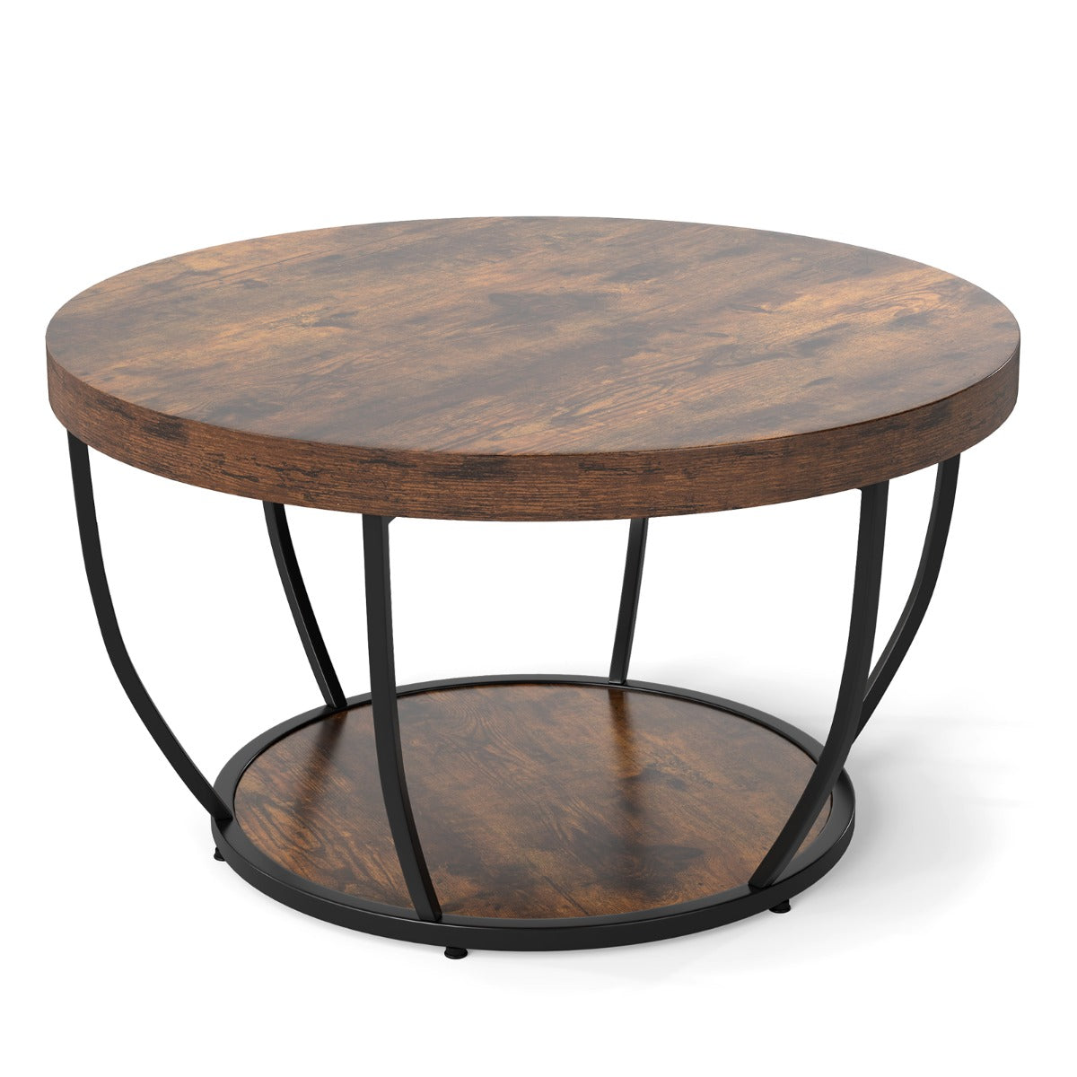 LIVSK Ronde Salontafel - 2 Niveaus met Houtnerfafwerking - Stevig Metaal - Verstelbare Glijders - 80 x 80 x 45 cm -