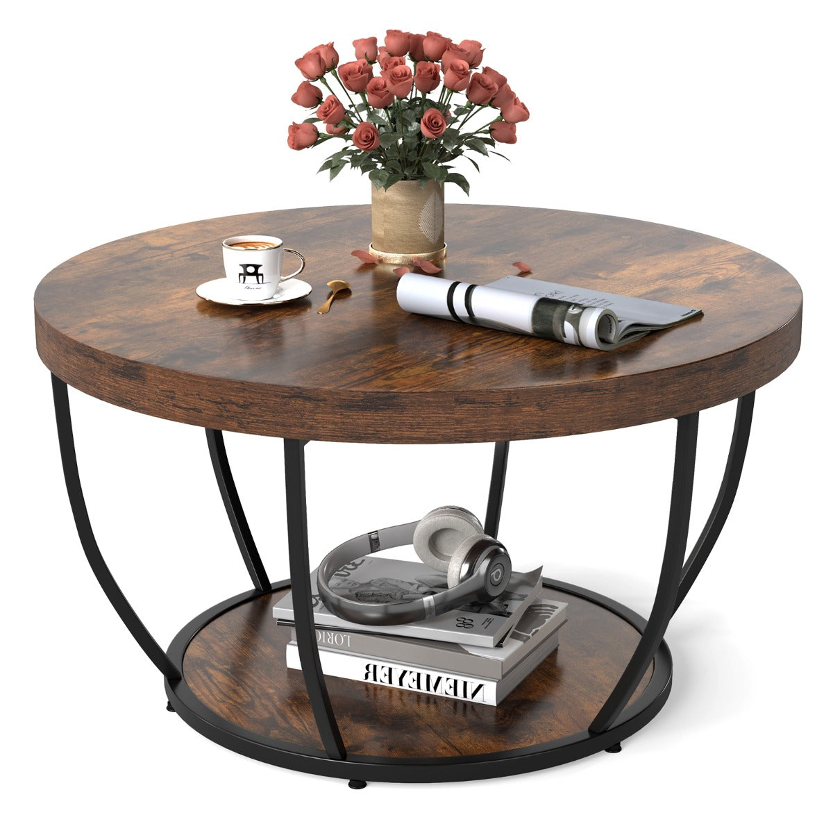 LIVSK Ronde Salontafel - 2 Niveaus met Houtnerfafwerking - Stevig Metaal - Verstelbare Glijders - 80 x 80 x 45 cm -