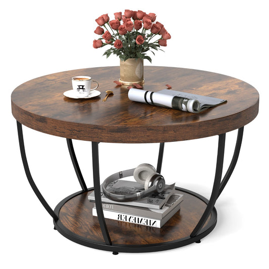 LIVSK Ronde Salontafel - 2 Niveaus met Houtnerfafwerking - Stevig Metaal - Verstelbare Glijders - 80 x 80 x 45 cm -