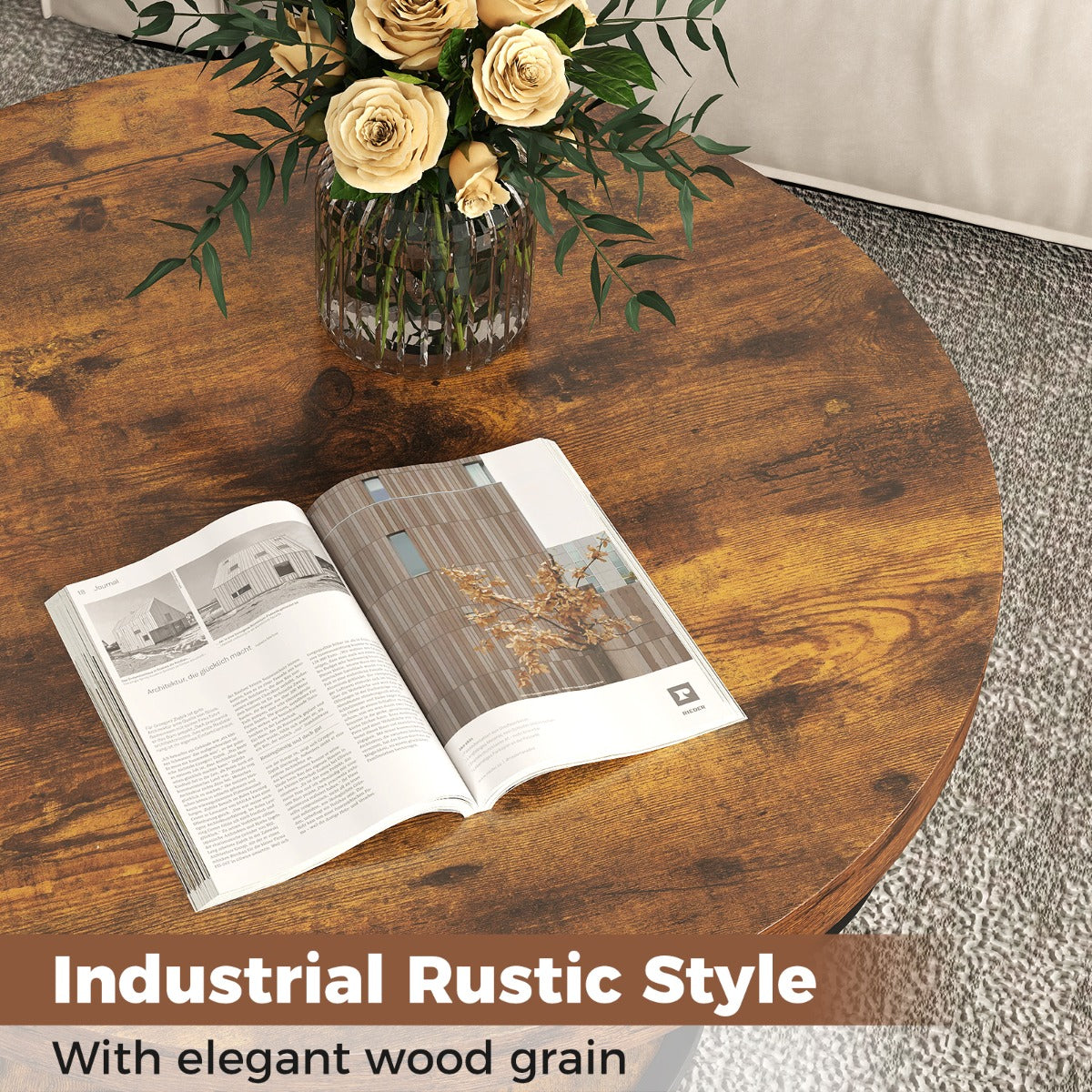 LIVSK Ronde Salontafel - 2 Niveaus met Houtnerfafwerking - Stevig Metaal - Verstelbare Glijders - 80 x 80 x 45 cm -