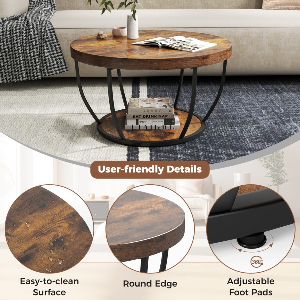 LIVSK Ronde Salontafel - 2 Niveaus met Houtnerfafwerking - Stevig Metaal - Verstelbare Glijders - 80 x 80 x 45 cm -