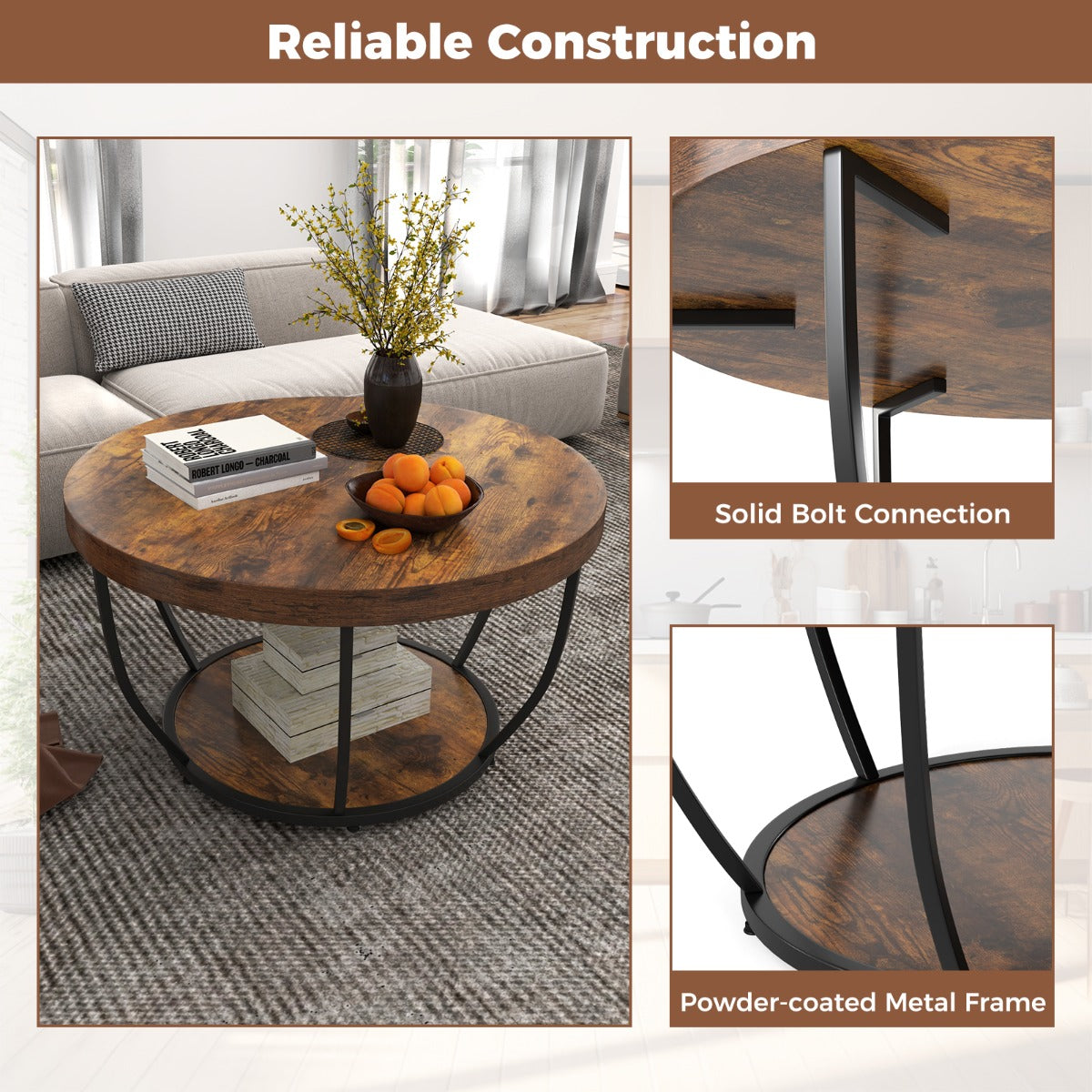 LIVSK Ronde Salontafel - 2 Niveaus met Houtnerfafwerking - Stevig Metaal - Verstelbare Glijders - 80 x 80 x 45 cm -