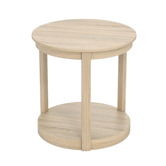 LIVSK Ronde Salontafel - 2-laags Ontwerp - Robuuste Rubberhout - Landelijke Stijl - Totale Afmeting 60,5 x 61 cm - Eik