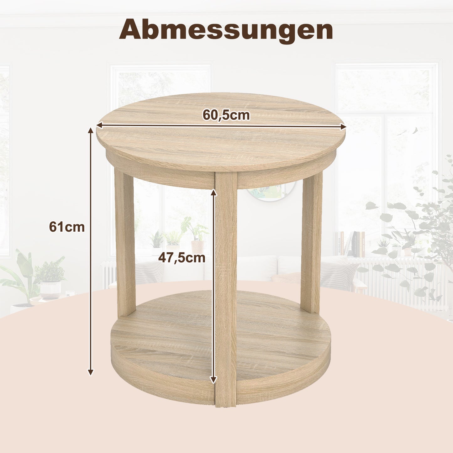 LIVSK Ronde Salontafel - 2-laags Ontwerp - Robuuste Rubberhout - Landelijke Stijl - Totale Afmeting 60,5 x 61 cm - Eik