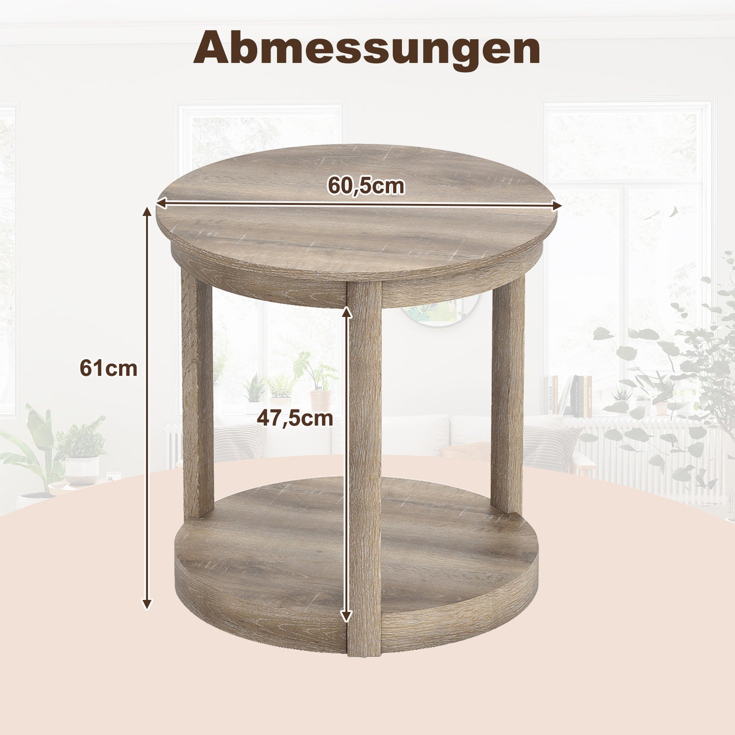 LIVSK Ronde Salontafel - 2-laags Ontwerp - Rubberhout - Draagvermogen 159 kg - Geschikt voor Woonkamer of Slaapkamer - Grijs