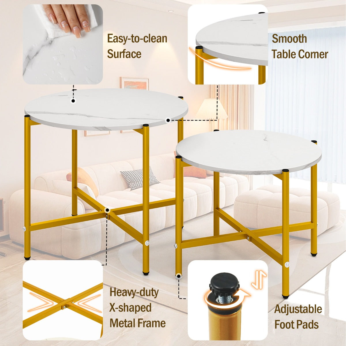 LIVSK Salontafel Set - Stapelbare Ronde Tafels - Duurzaam Metalen Frame - Eenvoudige Montage - Wit