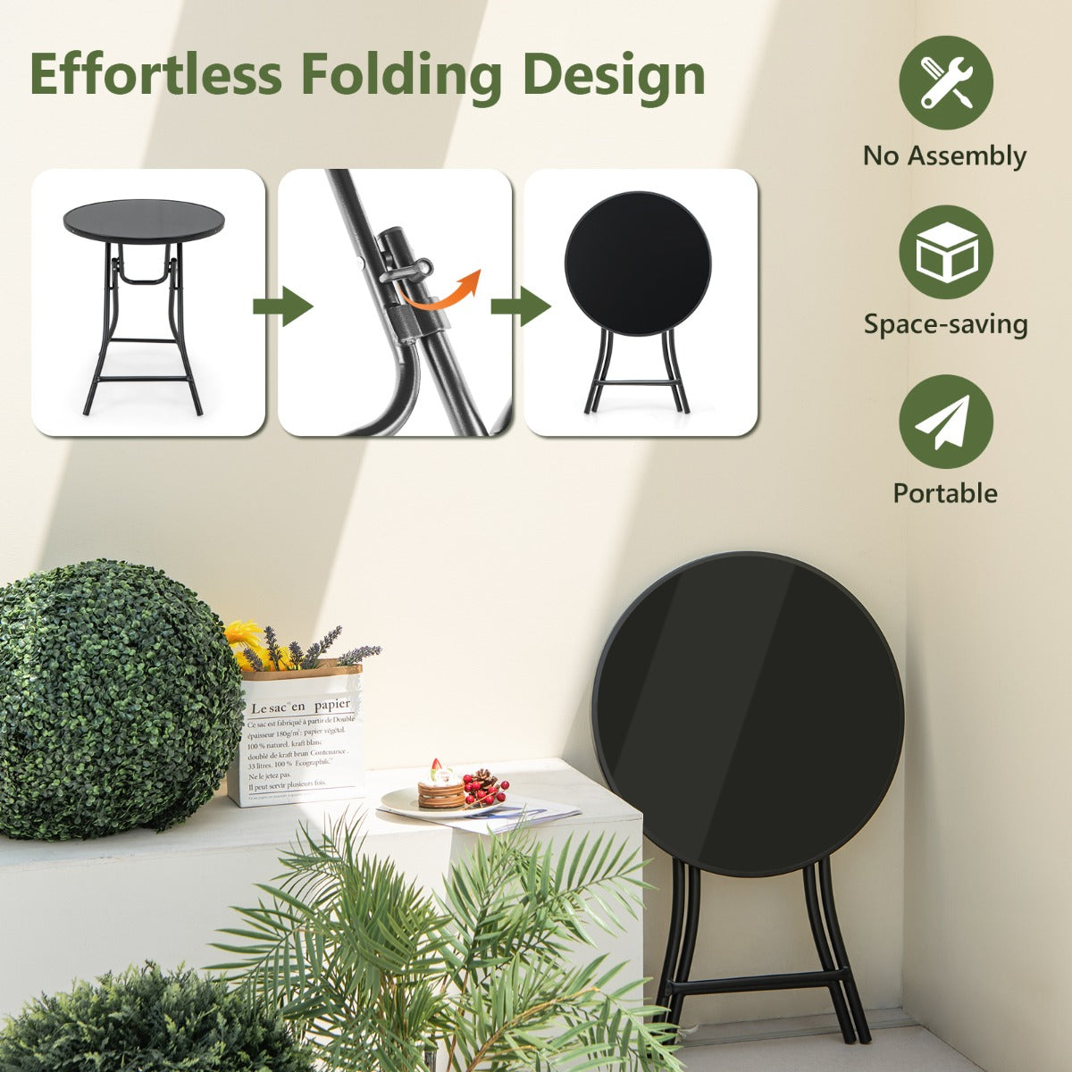 LIVSK Opvouwbare Bistrotafel - Stevig Metalen Frame - Gehard Glas Blad - Compact en Draagbaar - Voor Binnen en Buiten - Zwart