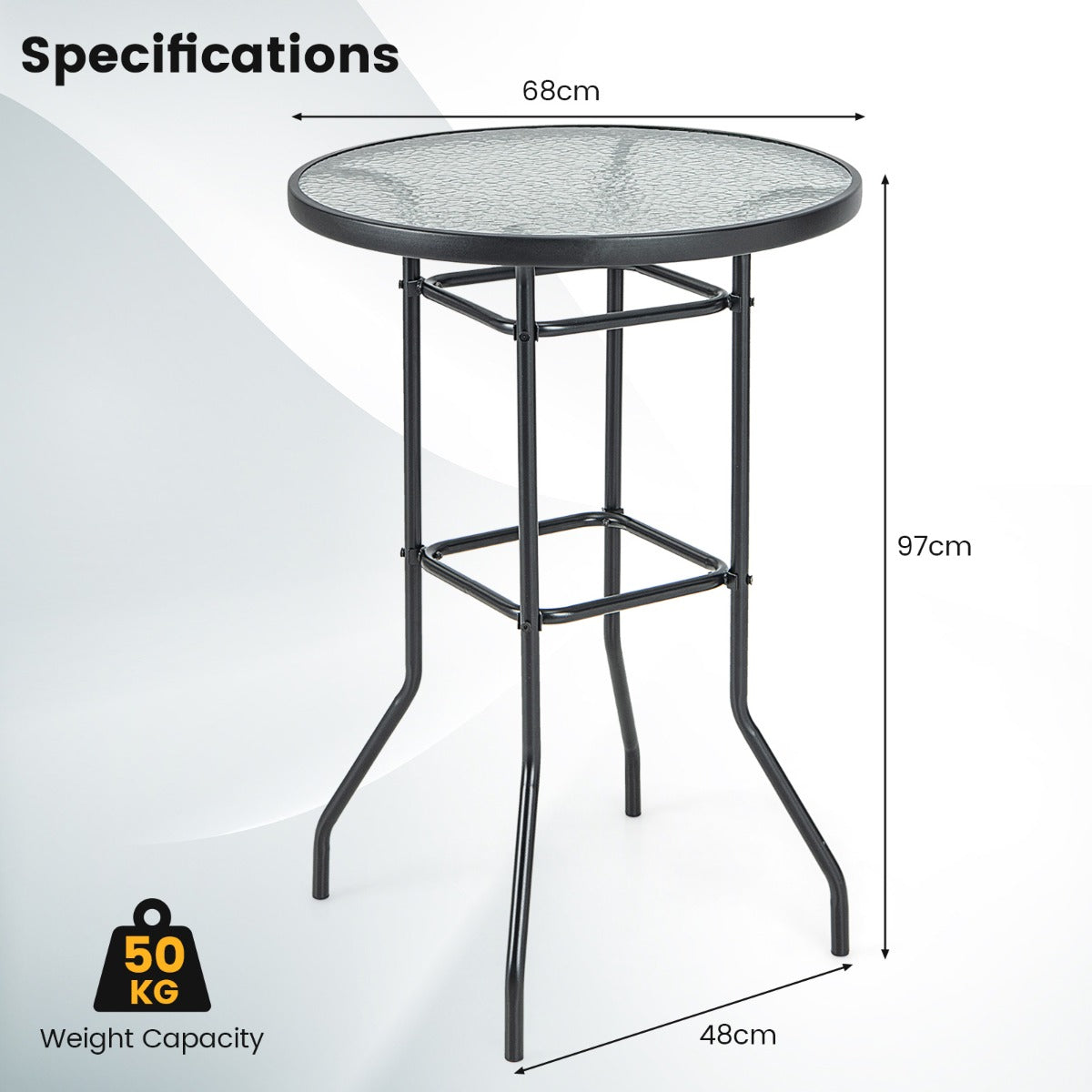 LIVSK Bartafel - Gehard Glas - Stevig Metaal - Elegant Design voor Binnen en Buiten - 68 x 68 x 97 cm - Zwart