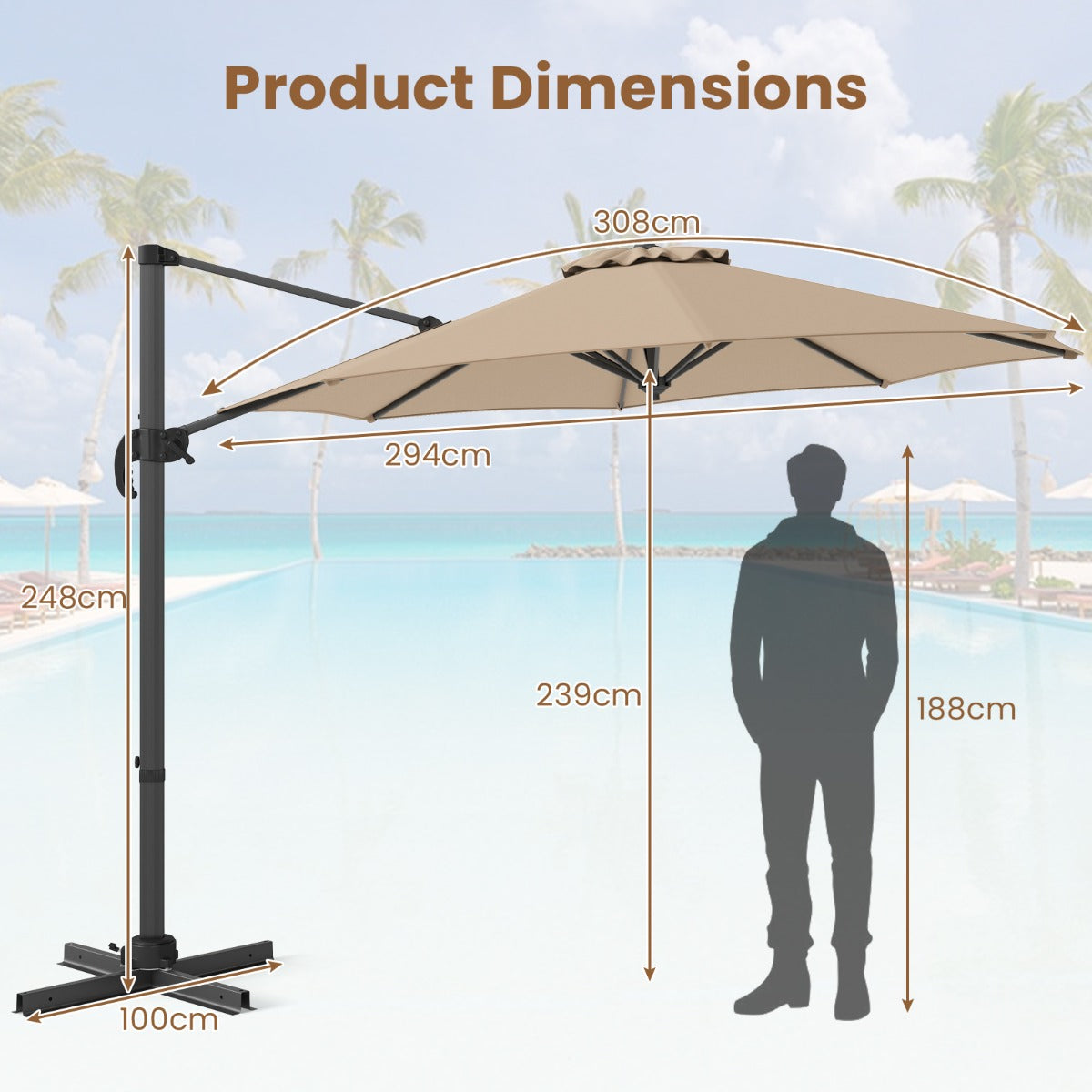 LIVSK Verstelbare Zweefparasol 294 x 247 cm - 360° Rotatie - Premium Polyester - Stabiele Kruisvoet - Kleurvast - Beige