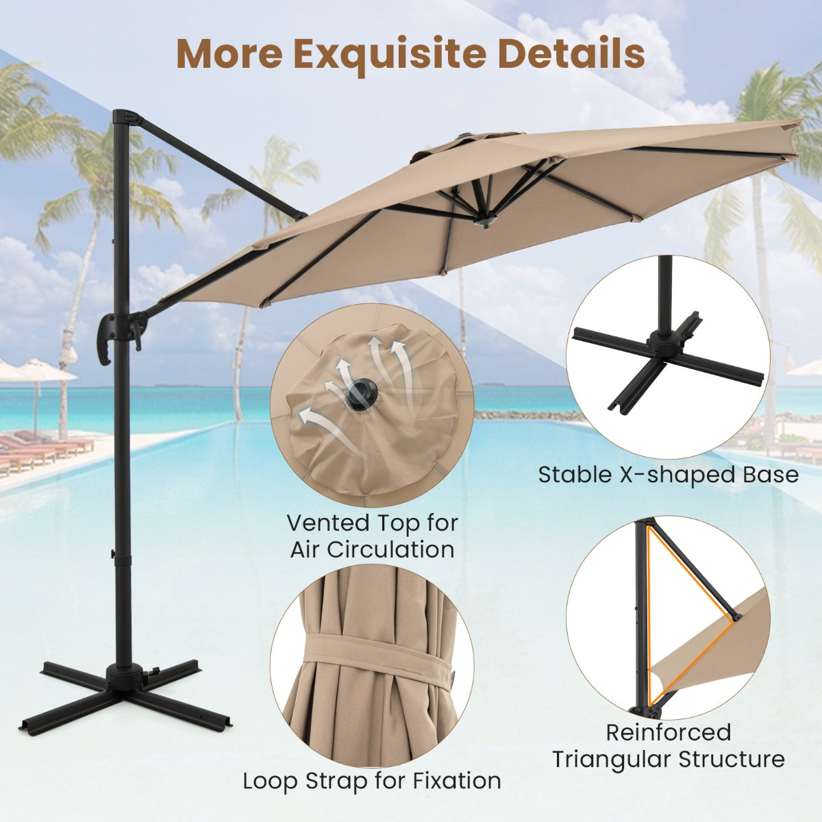 LIVSK Verstelbare Zweefparasol 294 x 247 cm - 360° Rotatie - Premium Polyester - Stabiele Kruisvoet - Kleurvast - Beige