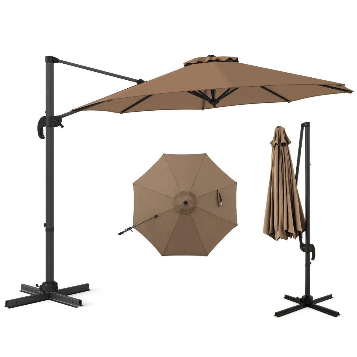 LIVSK Zweefparasol met 5 Verstelbare Hellingen - 360° Rotatie - Stabiele Kruisvoet - Polyester - 308 x 248 cm - Bruin