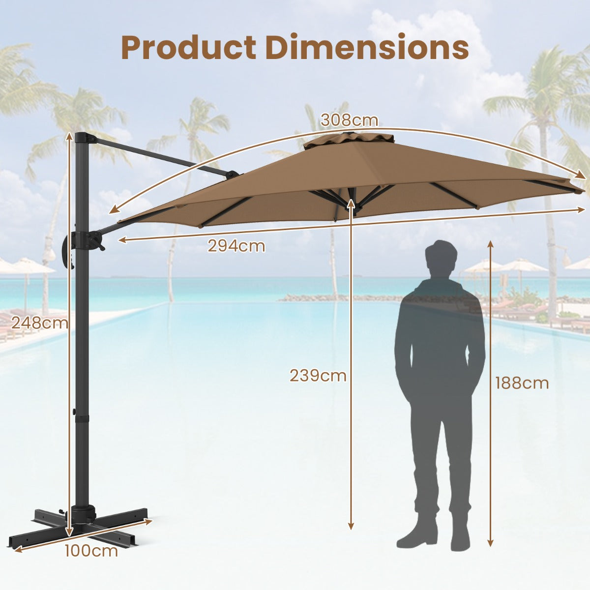 LIVSK Zweefparasol met 5 Verstelbare Hellingen - 360° Rotatie - Stabiele Kruisvoet - Polyester - 308 x 248 cm - Bruin