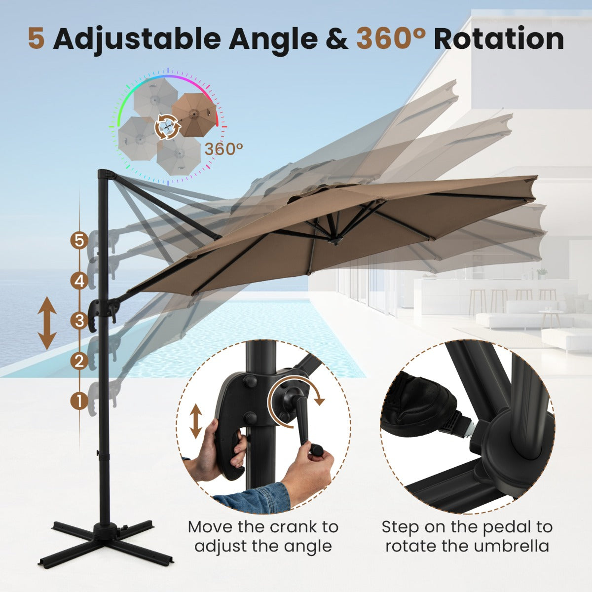 LIVSK Zweefparasol met 5 Verstelbare Hellingen - 360° Rotatie - Stabiele Kruisvoet - Polyester - 308 x 248 cm - Bruin