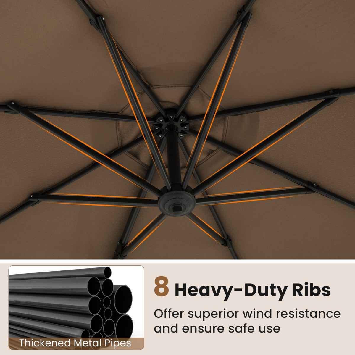 LIVSK Zweefparasol met 5 Verstelbare Hellingen - 360° Rotatie - Stabiele Kruisvoet - Polyester - 308 x 248 cm - Bruin