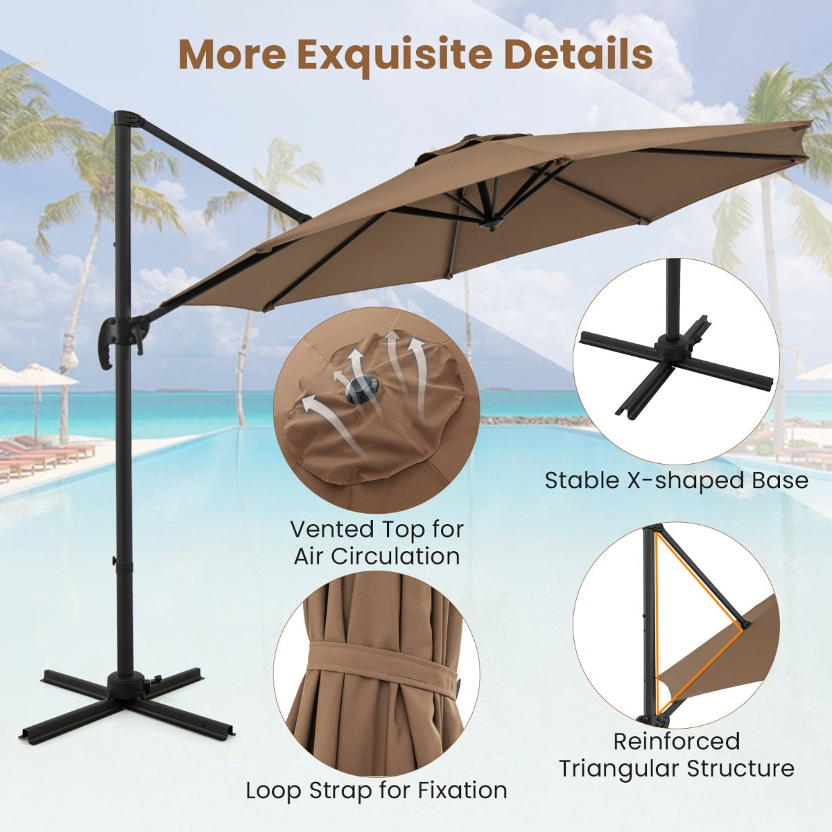 LIVSK Zweefparasol met 5 Verstelbare Hellingen - 360° Rotatie - Stabiele Kruisvoet - Polyester - 308 x 248 cm - Bruin