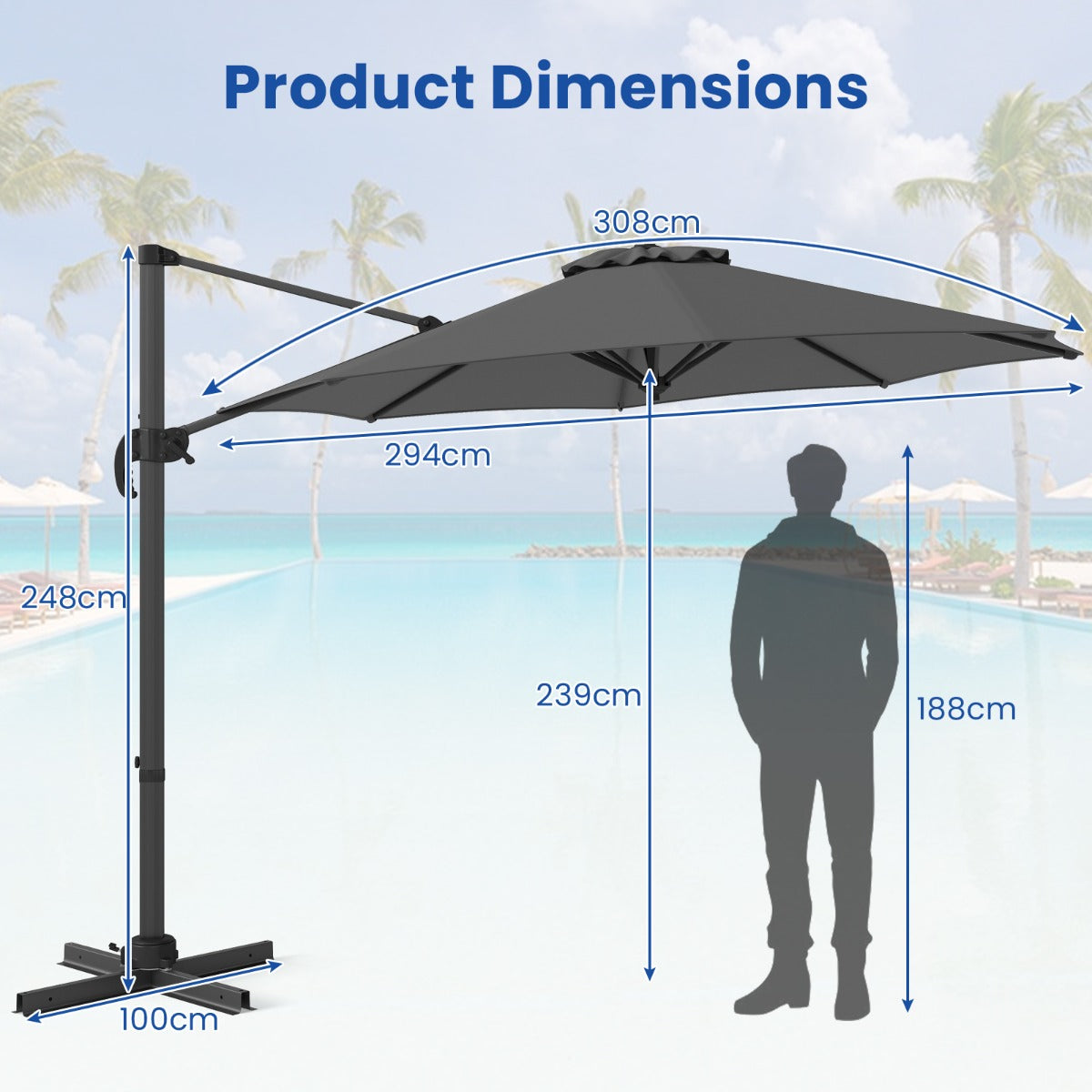 LIVSK Zweefparasol - Verstelbare Hellingen - 360° Rotatie - Stabiele Kruisvoet - Polyester - 308 x 248 cm - Bruin