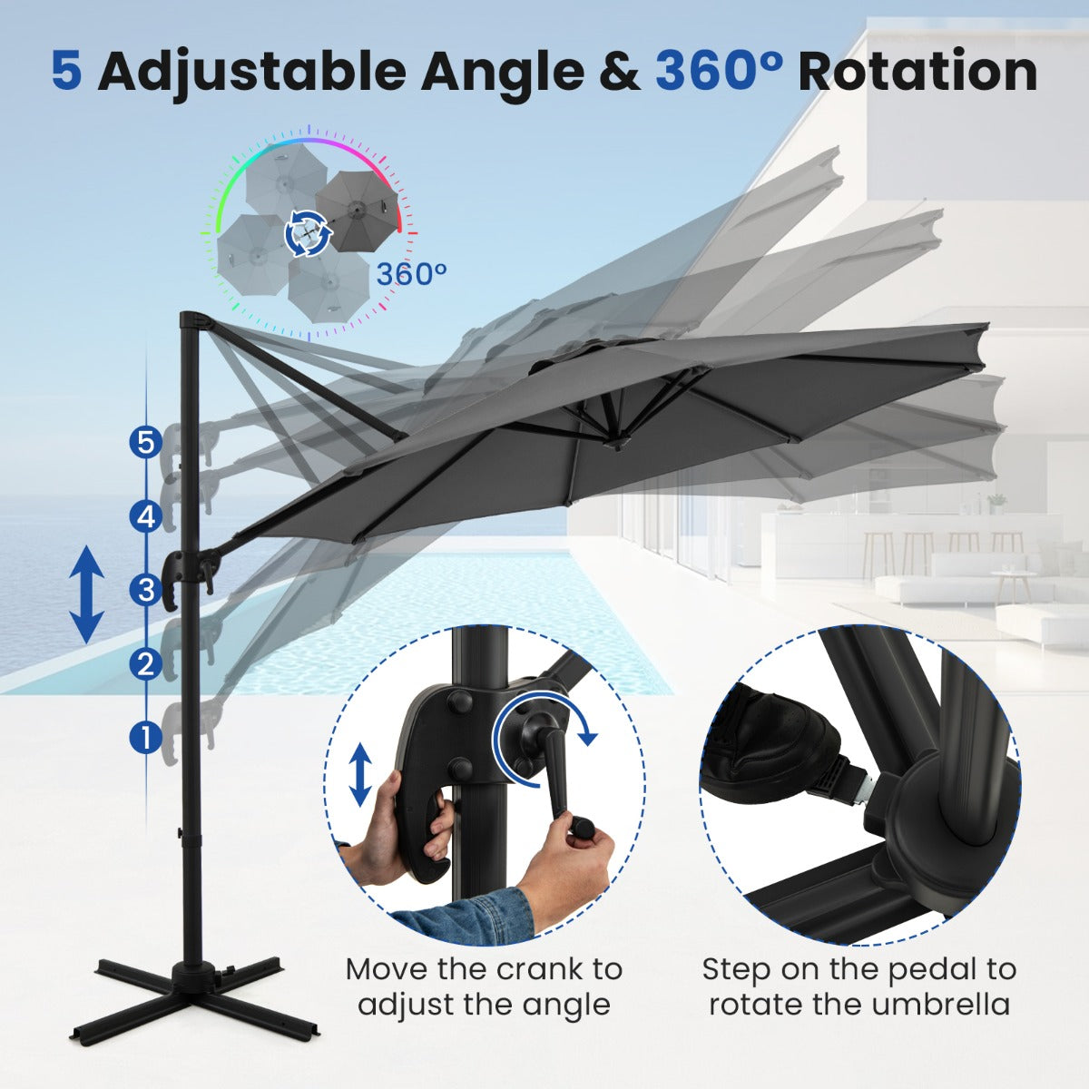 LIVSK Zweefparasol - Verstelbare Hellingen - 360° Rotatie - Stabiele Kruisvoet - Polyester - 308 x 248 cm - Bruin