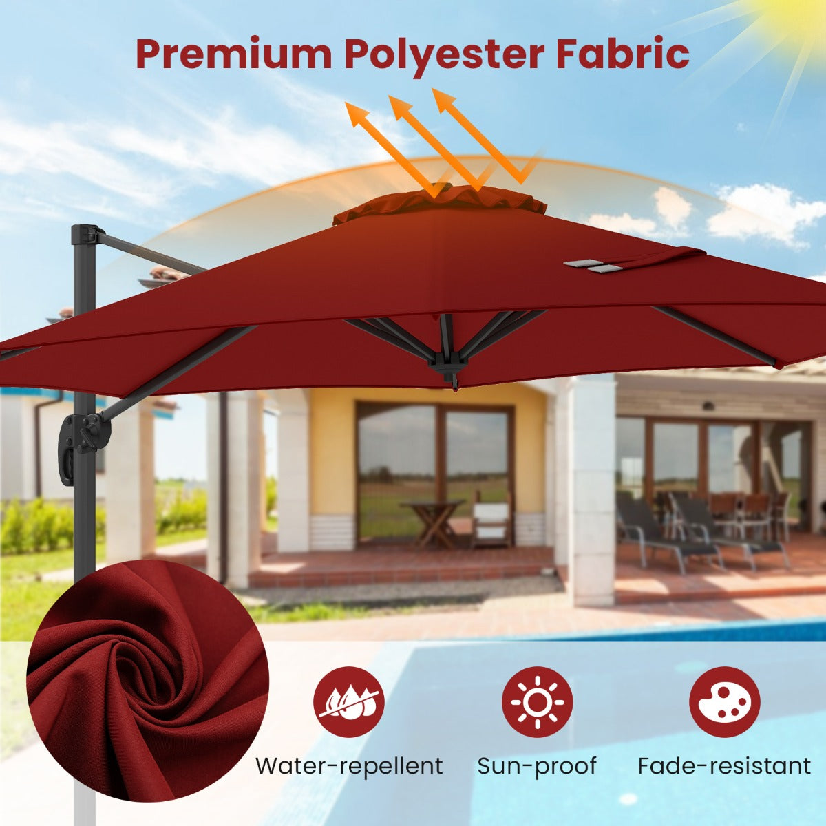 LIVSK Zweefparasol - 5 Verstelbare Hellingen - 360° Rotatie - Aluminium - Voor Buiten - 308 x 248 cm - Bruin