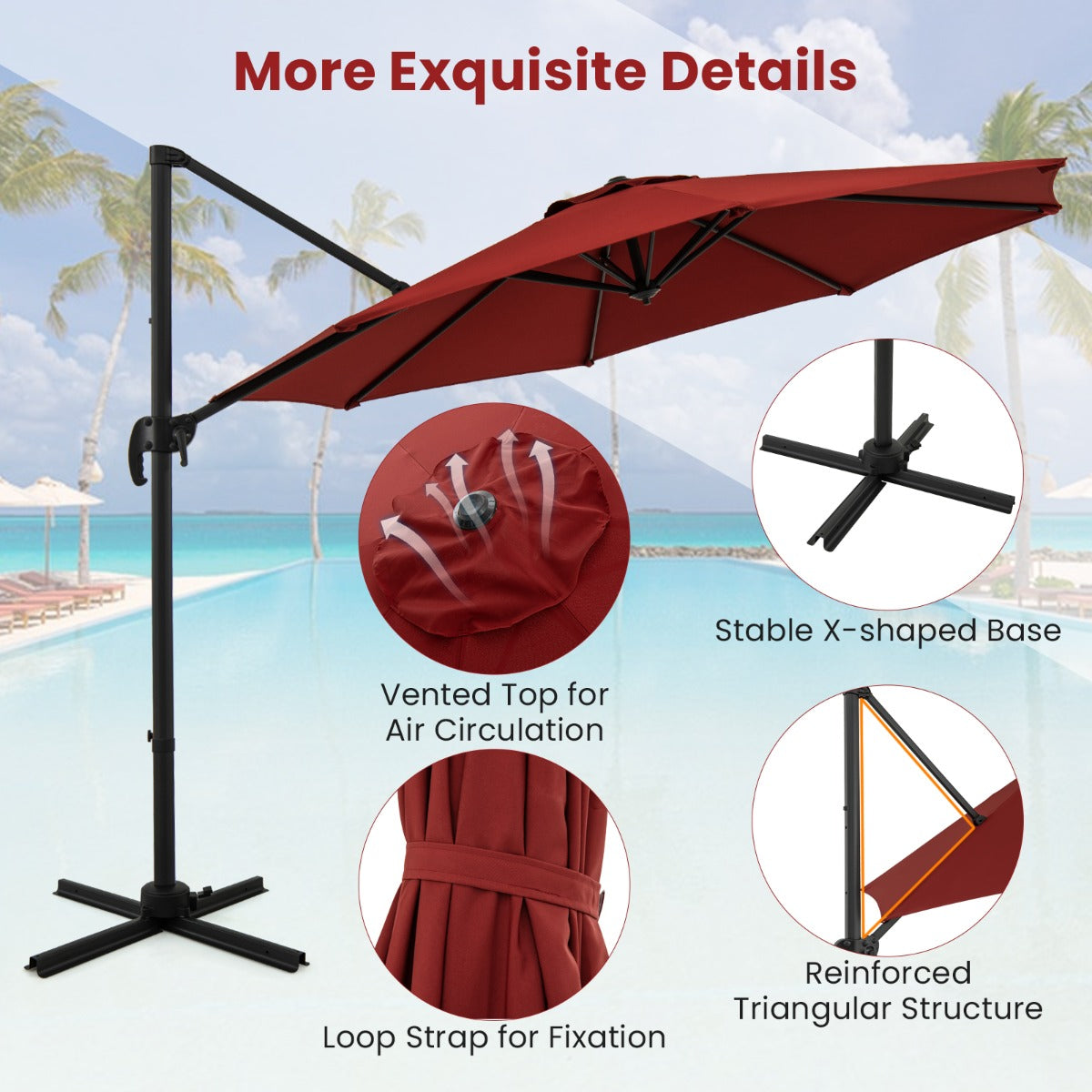 LIVSK Zweefparasol - 5 Verstelbare Hellingen - 360° Rotatie - Aluminium - Voor Buiten - 308 x 248 cm - Bruin