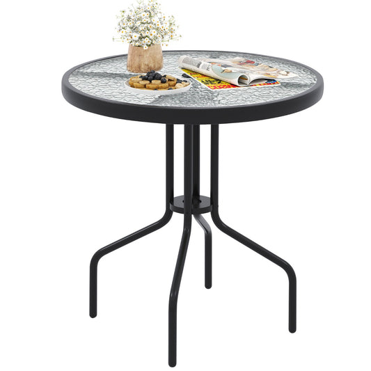 LIVSK Ronde Bistrotafel 70 cm - Gehard Glas met Parasolgat - Stevig Metalen Frame - Voor Binnen en Buiten - Zwart