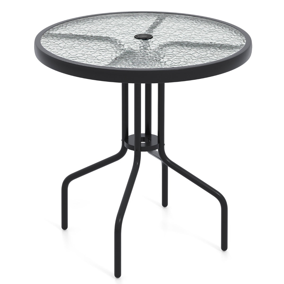 LIVSK Ronde Bistrotafel 70 cm - Gehard Glas met Parasolgat - Stevig Metalen Frame - Voor Binnen en Buiten - Zwart