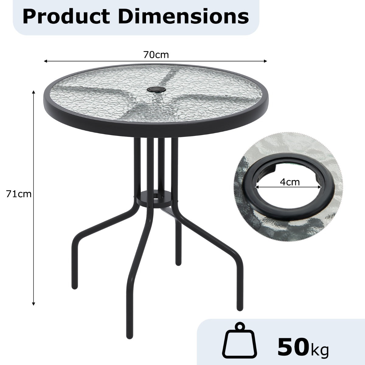 LIVSK Ronde Bistrotafel 70 cm - Gehard Glas met Parasolgat - Stevig Metalen Frame - Voor Binnen en Buiten - Zwart
