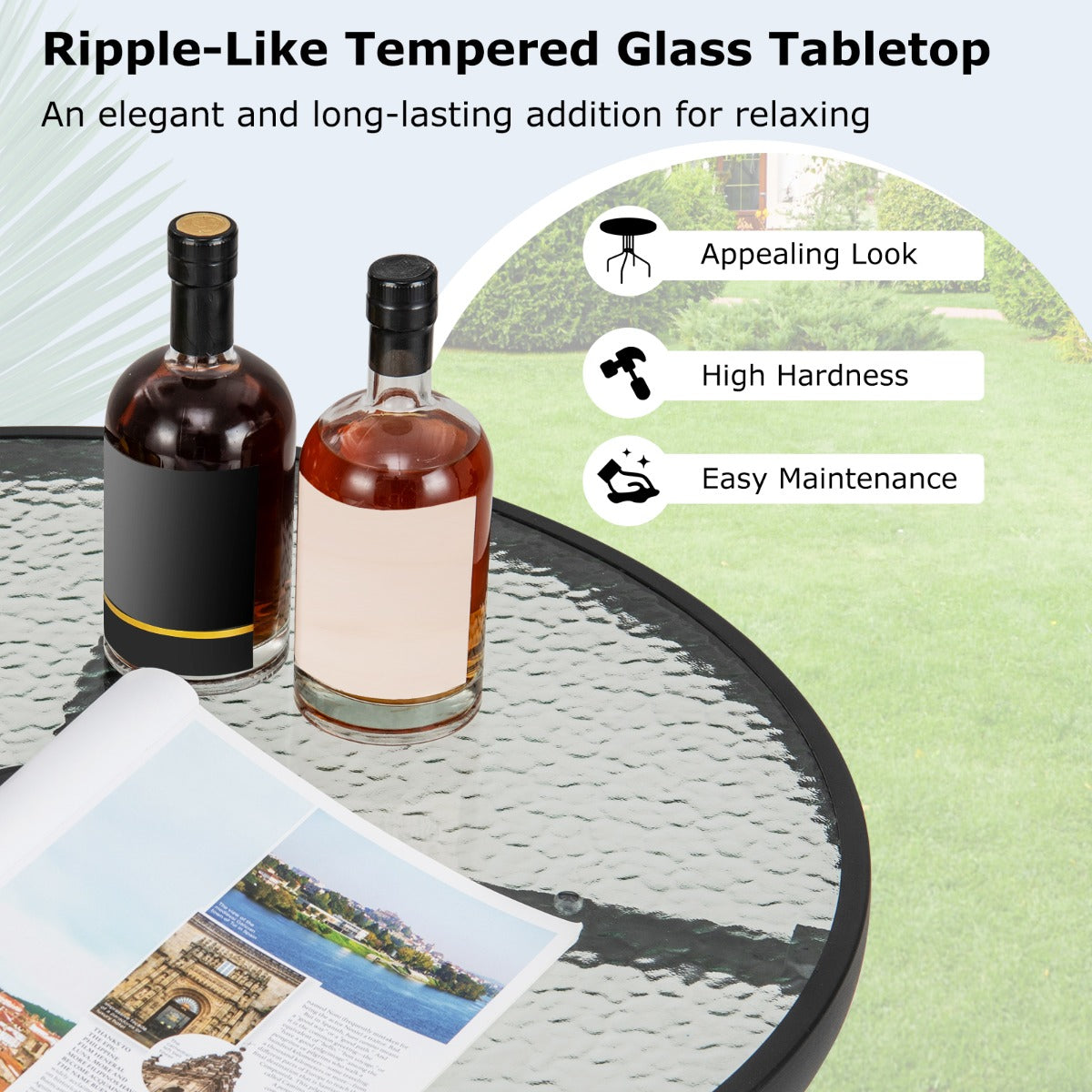 LIVSK Ronde Bistrotafel 70 cm - Gehard Glas met Parasolgat - Stevig Metalen Frame - Voor Binnen en Buiten - Zwart