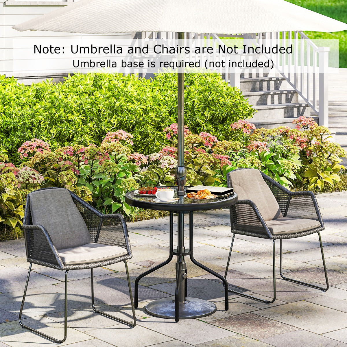 LIVSK Ronde Bistrotafel 70 cm - Gehard Glas met Parasolgat - Stevig Metalen Frame - Voor Binnen en Buiten - Zwart