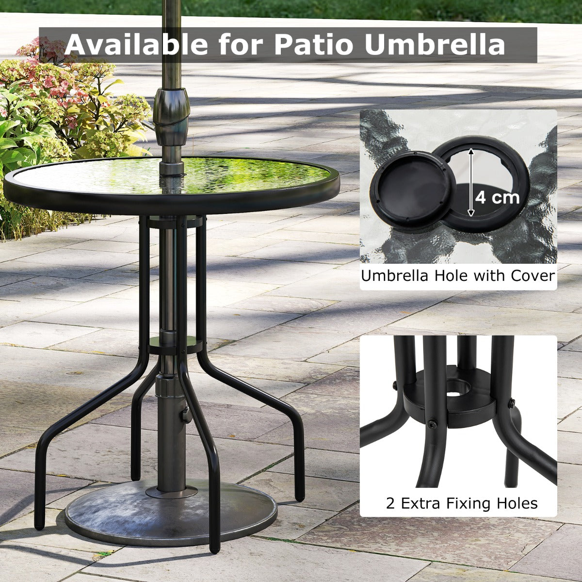 LIVSK Ronde Bistrotafel 70 cm - Gehard Glas met Parasolgat - Stevig Metalen Frame - Voor Binnen en Buiten - Zwart