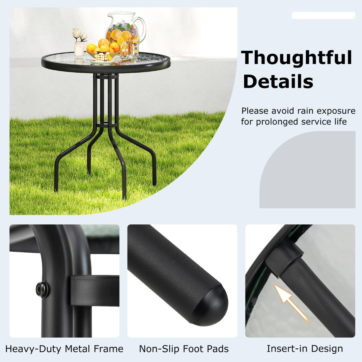 LIVSK Ronde Bistrotafel 70 cm - Gehard Glas met Parasolgat - Stevig Metalen Frame - Voor Binnen en Buiten - Zwart