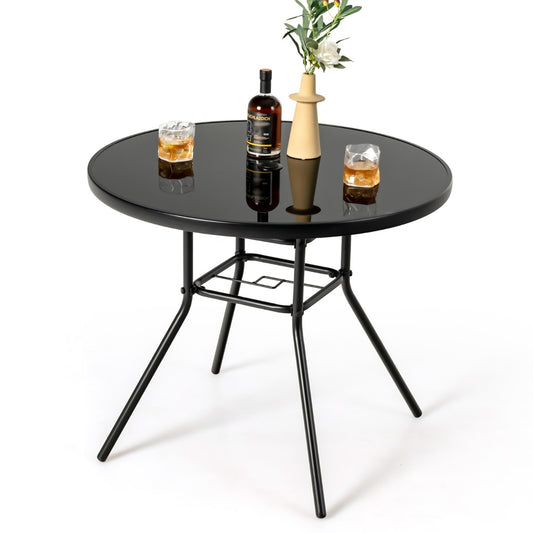 LIVSK Ronde Terrastafel - 86 cm - Parasolgat - Weerbestendig Geharde Glas - Voor 4 Personen - Zwart
